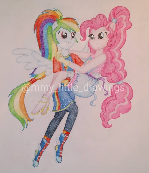 Size: 1079x1251 | Tagged: safe, artist:mmy_little_drawings, derpibooru import, pinkie pie, rainbow dash, equestria girls, boots, bridal carry, carrying, clothes, eyelashes, female, high heels, image, jpeg, lesbian, pinkiedash, ponied up, shipping, shoes, skirt, smiling, traditional art, watermark