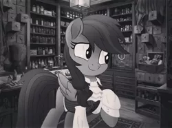 Size: 1080x802 | Tagged: safe, alternate version, artist:radiogaga.art, derpibooru import, oc, unofficial characters only, pegasus, pony, bow, clothes, eyelashes, female, grayscale, hair bow, image, indoors, jpeg, mare, monochrome, pegasus oc, smiling, solo, story included, wings