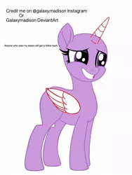 Size: 774x1032 | Tagged: dead source, safe, artist:galaxymadison, derpibooru import, oc, unofficial characters only, alicorn, pony, alicorn oc, bald, base, eyelashes, female, grin, horn, image, jpeg, mare, simple background, smiling, solo, white background, wings