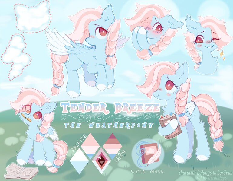 Size: 1926x1500 | Tagged: safe, artist:astralblues, derpibooru import, oc, pegasus, pony, book, cloud, cute, cutie mark, female, filly, flying, holding, image, jpeg, looking at you, one eye closed, reference, reference sheet, shy, sitting, smiling, smiling at you, solo, wink, winking at you