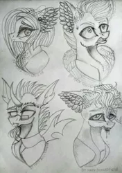 Size: 721x1024 | Tagged: safe, artist:maryhoovesfield, derpibooru import, oc, unofficial characters only, changeling, earth pony, pegasus, pony, bust, changeling oc, chest fluff, clothes, drool, ear fluff, earth pony oc, glasses, grayscale, horn, image, jpeg, looking up, messy mane, monochrome, necktie, pegasus oc, shocked, signature, traditional art, wings