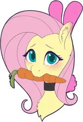 Size: 1324x1943 | Tagged: safe, artist:taytinabelle, derpibooru import, fluttershy, pegasus, pony, animal costume, blushing, bunny costume, bunny ears, bust, carrot, choker, clothes, collar, costume, cute, derpibooru exclusive, ear fluff, female, food, image, looking at you, mare, mouth hold, png, shyabetes, simple background, solo, transparent background