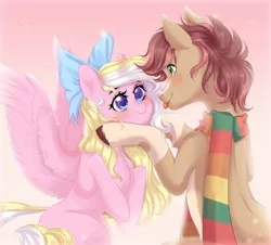 Size: 1700x1540 | Tagged: safe, artist:kawipie, derpibooru import, oc, oc:bay breeze, oc:pitch pine, unofficial characters only, earth pony, pegasus, pony, :p, blaze (coat marking), blushing, bow, clothes, couple, cute, female, hair bow, happy, image, jpeg, looking at each other, male, mare, ocbetes, pinebreeze, scarf, shipping, simple background, socks (coat marking), spread wings, stallion, straight, striped scarf, tongue out, unshorn fetlocks, wings