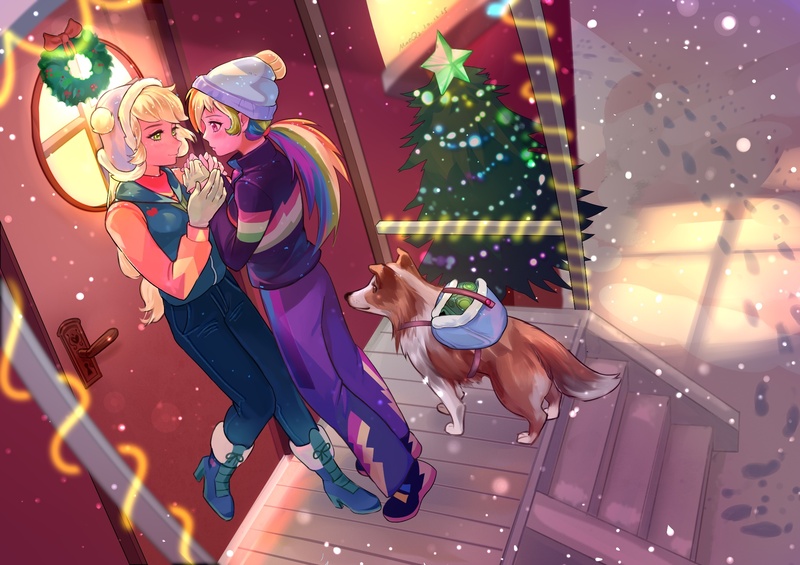 Size: 2048x1447 | Tagged: safe, artist:w33484365, applejack, rainbow dash, tank, winona, dog, human, appledash, christmas, christmas lights, christmas tree, female, holiday, human coloration, humanized, image, jpeg, lesbian, shipping, snow, snowfall, tree