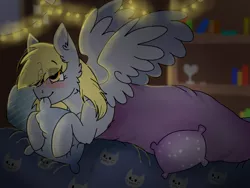 Size: 1024x768 | Tagged: safe, artist:valkiria, derpibooru import, derpy hooves, cat, pegasus, pony, blanket, blushing, cute, derpabetes, female, heart, heart eyes, image, mare, pillow, png, redraw, solo, solo female, spread wings, wingding eyes, wings