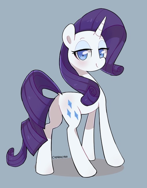 Size: 1075x1381 | Tagged: safe, artist:cherrnichka2, derpibooru import, rarity, pony, unicorn, blue background, dock, female, image, jpeg, lidded eyes, looking at you, looking back, looking back at you, mare, simple background, solo