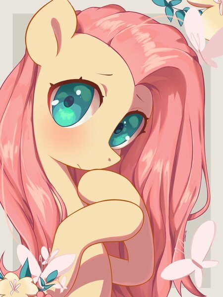 Size: 1536x2048 | Tagged: safe, artist:cherrnichka2, derpibooru import, fluttershy, butterfly, insect, pegasus, pony, bust, cute, female, flower, image, jpeg, looking at you, mare, shyabetes, solo