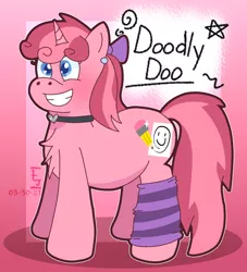 Size: 1404x1548 | Tagged: safe, artist:icecreamjaxxie, derpibooru import, oc, oc:doodly doo, unofficial characters only, pony, unicorn, chest fluff, collar, female, image, mare, paper, pencil, png, smiley face, smiling, solo, stars, swirl, teeth, updated design