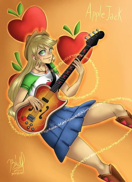 Size: 2893x3996 | Tagged: safe, artist:bidzinha, derpibooru import, applejack, equestria girls, applejack's hat, boots, clothes, cowboy hat, cutie mark background, female, freckles, geode of super strength, gradient background, guitar, hat, image, jpeg, magical geodes, musical instrument, shoes, simple background, skirt, solo, solo female