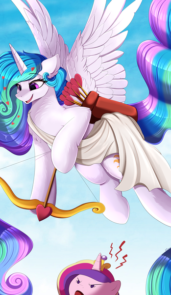 Size: 3000x5159 | Tagged: safe, artist:pridark, princess cadance, princess celestia, alicorn, pony, angry, cupid, high res, holiday, image, png, valentine's day