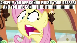 Size: 1280x720 | Tagged: safe, derpibooru import, edit, edited screencap, screencap, fluttershy, angry, dying for pie, image, implied angel bunny, jpeg, quote, reference, spongebob squarepants, spongebob squarepants (character), yelling