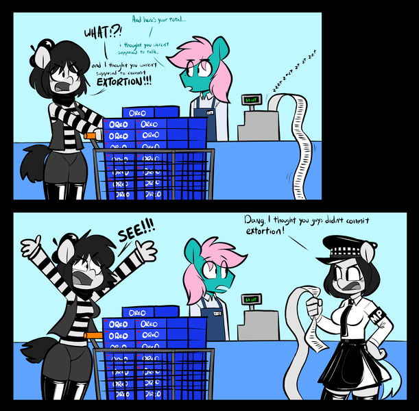 Size: 2713x2666 | Tagged: safe, artist:belaboy, derpibooru import, oc, oc:cid, oc:isabelle incraft, oc:izzy, oc:selina rimaine, beret, checkout, clothes, comic, cookie, dialogue, extortion, female, food, grocery store, hat, image, male, mime, oreo, png, police, rubber, shopping cart, socks, stockings, text, thigh highs