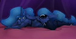 Size: 2094x1100 | Tagged: suggestive, artist:skuttz, derpibooru import, princess luna, alicorn, anthro, unguligrade anthro, bed, breasts, busty princess luna, butt, clothes, colored, ethereal mane, ethereal tail, explicit source, female, frilly underwear, heart eyes, image, jpeg, lingerie, lying down, moonbutt, on bed, prone, signature, smiling, socks, solo, solo female, stockings, thigh highs, underwear, wingding eyes