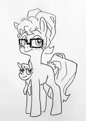 Size: 2035x2860 | Tagged: safe, artist:smirk, derpibooru import, oc, oc:katydid, oc:mayfly, unofficial characters only, conjoined, conjoined twins, freckles, full body, glasses, image, jpeg, monochrome, traditional art