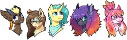 Size: 1078x342 | Tagged: safe, artist:lastnight-light, derpibooru import, oc, oc:coral, oc:fossil facet, oc:gossamer, oc:pallas pommel, oc:sunny daze, dragonling, hybrid, pony, unicorn, female, horns, image, male, mare, png, stallion