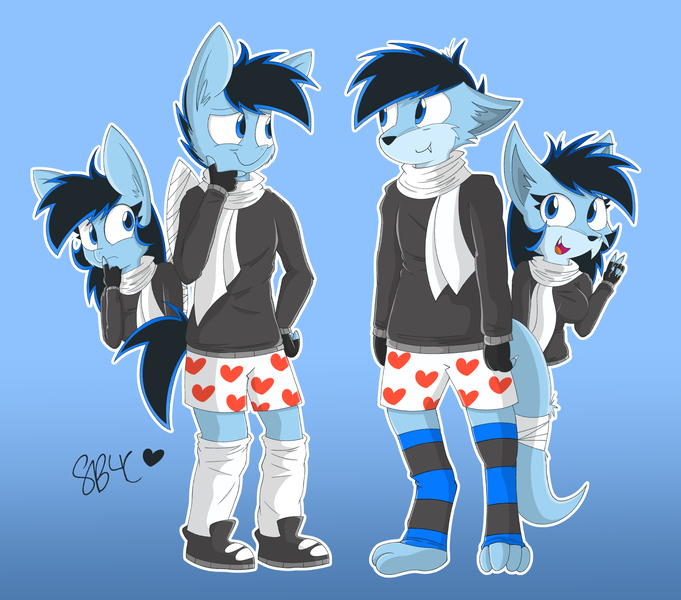 Size: 1485x1309 | Tagged: safe, artist:snuggleb4cuddle, derpibooru import, oc, anthro, pegasus, wolf, bandage, clothes, female, furry, gradient background, image, male, png, scarf, socks, species swap, underwear