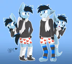 Size: 1485x1309 | Tagged: safe, artist:snuggleb4cuddle, derpibooru import, oc, anthro, pegasus, wolf, bandage, clothes, female, furry, gradient background, image, male, png, scarf, socks, species swap, underwear