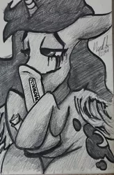 Size: 1869x2841 | Tagged: safe, artist:missmayaleanne, derpibooru import, princess luna, alicorn, pony, bong, chubby, crying, cyrillic, drugs, exhausted, grayscale, image, jpeg, marijuana, missing accessory, monochrome, smoking weed, solo, traditional art