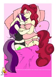 Size: 928x1280 | Tagged: suggestive, artist:duragan, derpibooru import, cherry jubilee, oc, oc:moonlight sonata, anthro, earth pony, pony, bed, blanket, chubby, clothes, digital art, female, females only, image, jpeg, lesbian, pillow, plump, shirt, size difference, sleeping, snuggling, undershirt, underwear