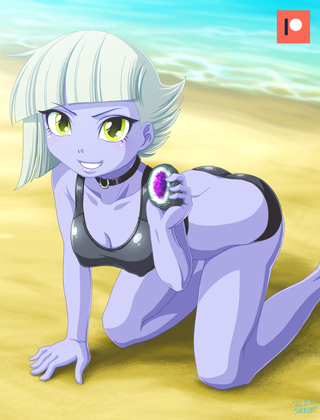 Size: 914x1200 | Tagged: suggestive, alternate version, artist:uotapo, derpibooru import, limestone pie, equestria girls, beach, breasts, butt, choker, cleavage, clothes, gem, image, jpeg, limestonebutt, smiling, solo, stone, stupid sexy limestone pie, swimsuit, when she smiles