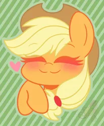 Size: 1010x1226 | Tagged: safe, artist:sakukitty, derpibooru import, applejack, earth pony, pony, :3, blushing, eyes closed, happy, heart, image, jpeg, smiling, solo