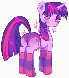 Size: 1277x1451 | Tagged: suggestive, artist:cherrnichka2, derpibooru import, twilight sparkle, pony, unicorn, butt, butt blush, clothes, female, floating heart, heart, image, jpeg, looking at you, looking back, looking back at you, mare, panties, plot, simple background, socks, solo, solo female, striped socks, underwear, unicorn twilight, white background