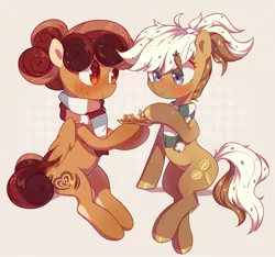 Size: 1911x1790 | Tagged: safe, artist:cherrnichka2, derpibooru import, oc, unofficial characters only, earth pony, pegasus, clothes, commission, cookie, cute, duo, food, freckles, hair accessory, image, jpeg, ponytail, scarf, striped scarf, two toned wings, wings