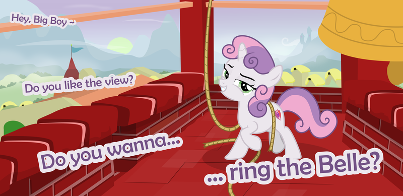 Size: 13863x6737 | Tagged: suggestive, alternate version, artist:sollace, derpibooru import, sweetie belle, pony, unicorn, absurd resolution, bedroom eyes, bell, bell tower, derpibooru exclusive, dialogue, female, filly, foal, image, implied foalcon, innuendo, looking at you, png, ponyville, rope, scenery, solo, sunset, underage, vector