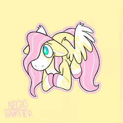 Size: 1280x1280 | Tagged: safe, artist:necro-hamster, derpibooru import, part of a set, fluttershy, pegasus, pony, female, floppy ears, hooves together, image, mare, outline, png, redesign, simple background, solo, yellow background