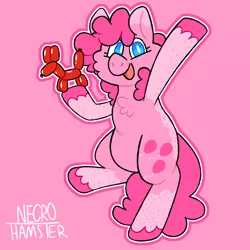 Size: 1280x1280 | Tagged: safe, artist:necro-hamster, derpibooru import, part of a set, pinkie pie, earth pony, pony, balloon, balloon animal, cheek fluff, chest fluff, female, image, mare, outline, pink background, plump, png, redesign, simple background, smiling, solo, standing, standing on one leg