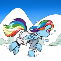 Size: 2000x2000 | Tagged: safe, artist:frecklesfanatic, derpibooru import, rainbow dash, pegasus, pony, female, image, mare, png, running, snow, sweat, tracksuit