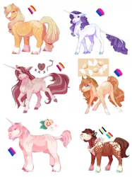 Size: 3674x4912 | Tagged: safe, artist:uunicornicc, derpibooru import, applejack, rarity, oc, oc:apple chip, oc:butterscotch, oc:heart stitcher, oc:mint chiffon, earth pony, pony, unicorn, agender pride flag, bisexual pride flag, female, image, lesbian, lesbian pride flag, magical lesbian spawn, male, mare, offspring, pansexual pride flag, parent:applejack, parent:rarity, parents:rarijack, png, pride, pride flag, rarijack, shipping, stallion