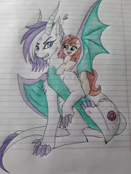 Size: 1224x1632 | Tagged: safe, artist:theumbramistress, derpibooru import, oc, oc:amethyst, oc:glitzy glow, dracony, hybrid, pony, unicorn, cousins, duo, female, filly, hug, image, interspecies offspring, jpeg, lined paper, offspring, parent:button mash, parent:rarity, parent:spike, parent:sweetie belle, parents:sparity, parents:sweetiemash, traditional art