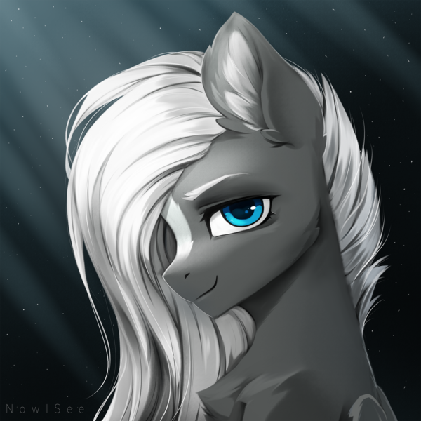 Size: 2000x2000 | Tagged: safe, artist:inowiseei, derpibooru import, oc, oc:sacred blade, pegasus, pony, blue eyes, bust, commission, dark background, gradient background, hair over one eye, image, looking at you, male, png, portrait, sitting, smiling, solo