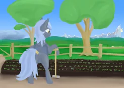 Size: 2676x1892 | Tagged: safe, artist:barhandar, oc, oc:panne, unofficial characters only, bat pony, pony, bipedal, bipedal leaning, butt, canterlot, cloud, farm, female, fence, food, image, leaning, lineless, mare, plot, png, potato, scenery, shovel, smiling, smirk, solo, tail wrap, tree