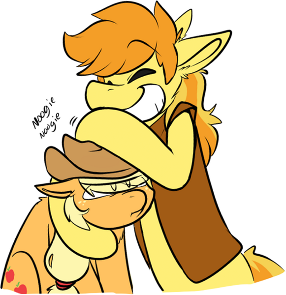 Size: 620x640 | Tagged: safe, artist:mlp-trinary, artist:noveltmods, banned from derpibooru, deleted from derpibooru, derpibooru import, applejack, braeburn, grin, image, noogie, png, smiling, unamused