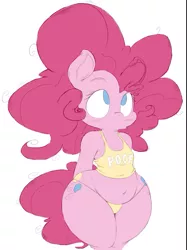 Size: 761x1019 | Tagged: suggestive, artist:purple-yoshi-draws, color edit, derpibooru import, edit, editor:datzigga, pinkie pie, semi-anthro, belly button, chubbie pie, chubby, colored, image, jpeg, messy mane, solo, thick, thighs, thunder thighs