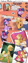 Size: 1300x2866 | Tagged: suggestive, artist:saturdaymorningproj, derpibooru import, applejack, twilight sparkle, earth pony, pony, unicorn, comic:indecent blushes, alternate hairstyle, applebutt, butt, censor bar, censored, clothes, comic, dock, door, door opening, freckles, glowing horn, golden oaks library, horn, image, implied nudity, library, magazine, magic, mask, open mouth, png, speech bubble, strategically covered, telekinesis, unicorn twilight