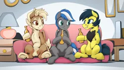 Size: 2560x1440 | Tagged: safe, artist:mysticalpha, derpibooru import, oc, oc:cloud zapper, oc:ruby rustfeather, oc:tinkerwing, unofficial characters only, pegasus, pony, chest fluff, commission, couch, derpibooru exclusive, drinking, female, husband and wife, image, indoors, male, png, sitting, trio