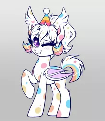 Size: 1388x1593 | Tagged: safe, artist:confetticakez, derpibooru import, oc, oc:confetti cupcake, unofficial characters only, bat pony, pony, hat, image, jpeg, looking at you, one eye closed, party hat, smiling, solo, spots, wink
