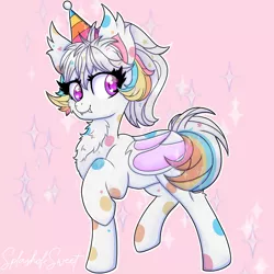 Size: 900x900 | Tagged: safe, artist:splashofsweet, derpibooru import, oc, oc:confetti cupcake, unofficial characters only, bat pony, pony, chest fluff, fangs, hat, image, party hat, png, smiling, solo, spots