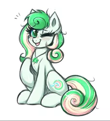 Size: 476x522 | Tagged: safe, artist:confetticakez, derpibooru import, oc, oc:lucky charm, unofficial characters only, earth pony, pony, blushing, image, looking at you, one eye closed, png, sketch, smiling, solo, wink