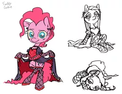 Size: 2284x1768 | Tagged: safe, artist:saltycube, derpibooru import, pinkie pie, earth pony, pony, bipedal, clothes, derpibooru exclusive, dress, female, fishnets, image, looking at you, lying down, mare, pinkamena diane pie, png, ribbon, simple background, sitting, sketch, solo, standing, white background