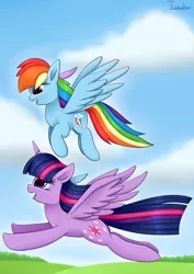 Size: 2480x3507 | Tagged: safe, artist:twidasher, derpibooru import, rainbow dash, twilight sparkle, twilight sparkle (alicorn), alicorn, pegasus, pony, cloud, duo, feather, female, flying, image, lesbian, looking at each other, mare, png, shipping, signature, sky, twidash