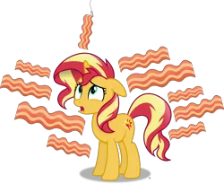 Size: 6660x5465 | Tagged: safe, artist:anime-equestria, derpibooru import, sunset shimmer, pony, unicorn, adorable distress, bacon, bacon hair, confused, cute, female, food, hook, image, looking up, mare, meat, png, simple background, transparent background, vector