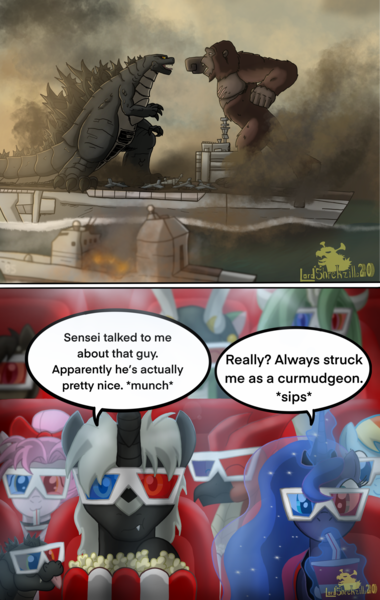 Size: 2489x3928 | Tagged: safe, artist:lordshrekzilla20, derpibooru import, princess luna, rainbow dash, ponified, kaiju, kaiju pony, pony, 3d glasses, anguirus, cinema, dialogue, drink, fight, food, godzilla, godzilla (series), godzilla vs kong, image, jets, kaiju changeling, kaiju griffon, king kong, megalon, mothra lea, png, popcorn, rodan, ship, smoke