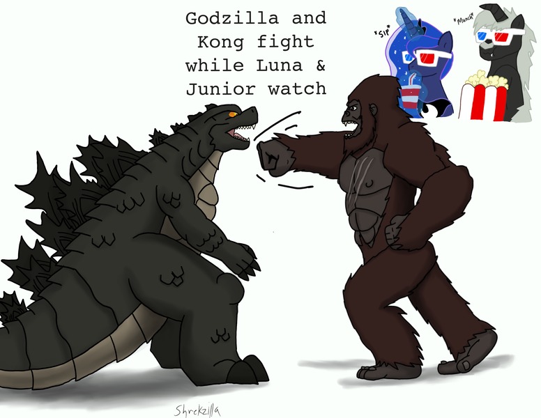 Size: 3300x2550 | Tagged: safe, artist:lordshrekzilla20, derpibooru import, princess luna, ponified, ape, kaiju, kaiju pony, pony, 3d glasses, drink, fight, food, godzilla, godzilla (series), godzilla junior, godzilla vs kong, image, king kong, png, popcorn