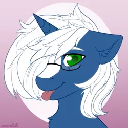 Size: 700x700 | Tagged: safe, artist:xommasun, derpibooru import, oc, oc:passi deeper, unofficial characters only, pony, unicorn, abstract background, bust, colored pupils, femboy, floppy ears, glasses, gradient background, green eyes, horn, image, looking at you, male, png, portrait, smiling, solo, stallion, tongue out, unicorn oc