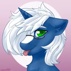 Size: 700x700 | Tagged: safe, artist:xommasun, derpibooru import, oc, oc:passi deeper, unofficial characters only, pony, unicorn, abstract background, bust, colored pupils, femboy, floppy ears, glasses, gradient background, green eyes, horn, image, looking at you, male, png, portrait, smiling, solo, stallion, tongue out, unicorn oc