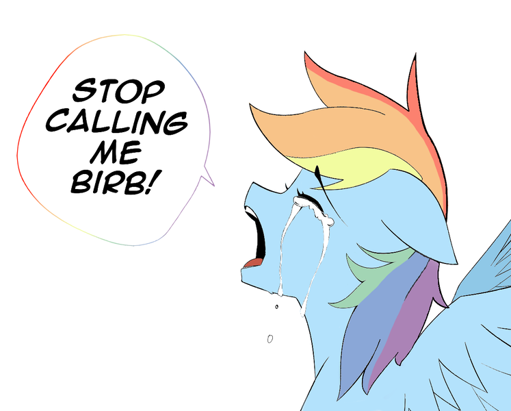 Size: 1197x961 | Tagged: safe, artist:owlnon, color edit, derpibooru import, edit, editor:dashiswaifu69, rainbow dash, pegasus, pony, birb, colored, crying, despair, drawthread, eyes closed, floppy ears, image, meme, misery, open mouth, png, ponified meme, sad, solo, speech bubble